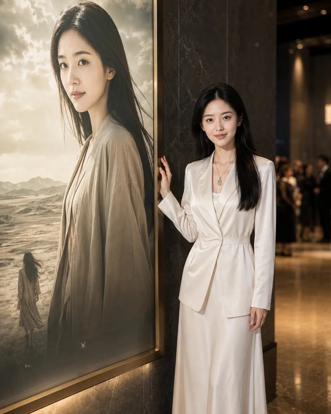 林婉站在自己的电影海报前合影
