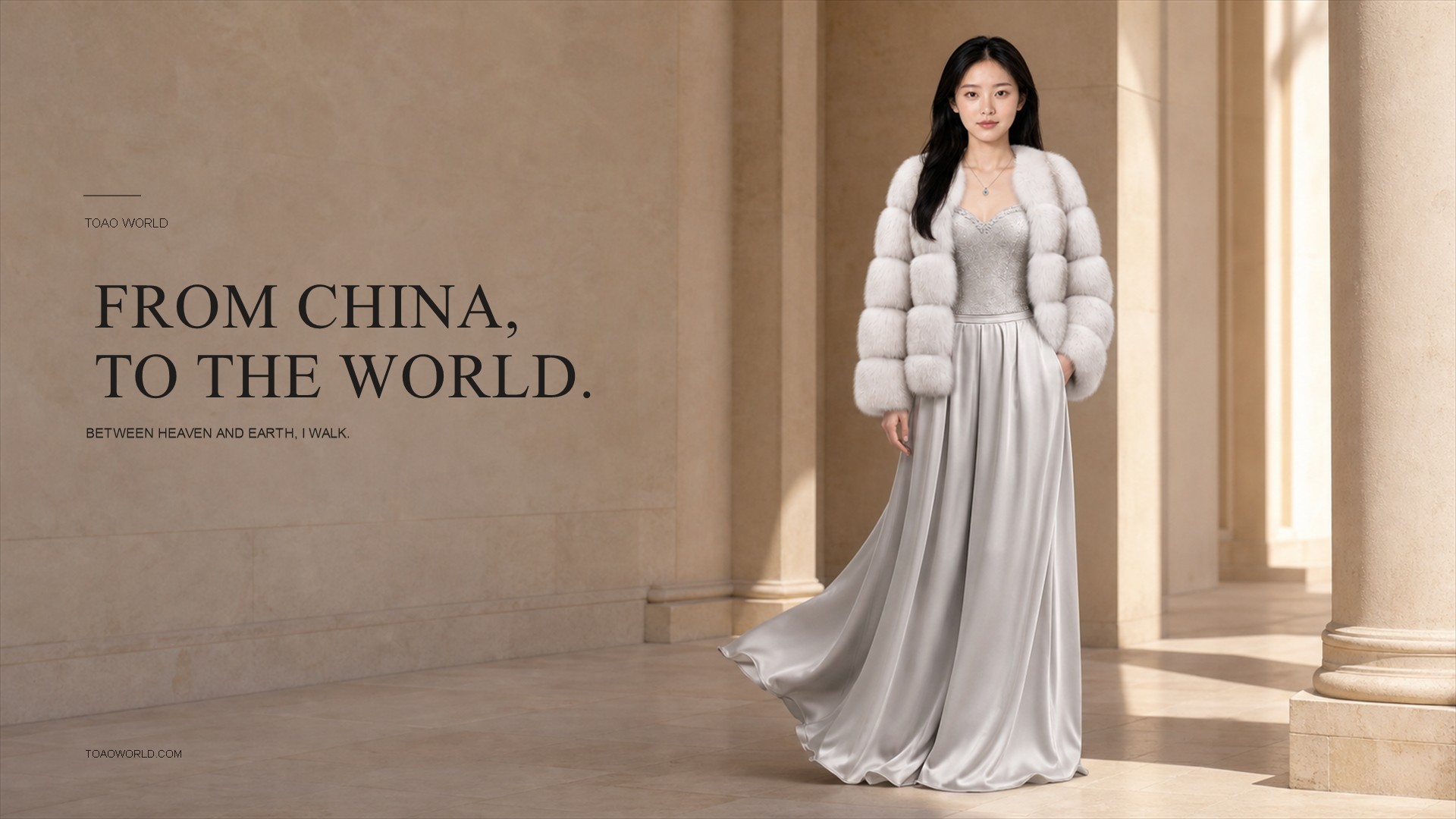 TOAO WORLD ivory evening collection in a sunlit gallery